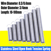 5/10PCS 0.3/0.4mm Wire Dia 304 Stainless Steel Open Hook Tension Spring S Hook Extension Spring Coil Pullback Spring L=10-100mm
