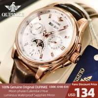 OUPINKE Swiss Top Brand Automatic Watch for Men Leather Strap Classics Wristwatch 3189 Calendar Moon phase Men's Watch Original