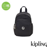 Kipling 褶皺色丁黑拉鍊式小巧收納後背包-DELIA MINI