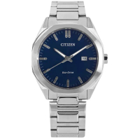 【CITIZEN 星辰】光動能 八角形 簡約時尚 日期 防水100米 不鏽鋼手錶 藍色 41mm(BM7600-81L)