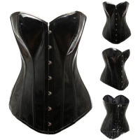 Women PVC Overbust Corset Steampunk Lingerie Top Goth Corset Sexy Black Leather Waist Trainer Body Shaper Push Up Corselet