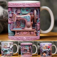 Creative 3D Effect Sewing Painted Mug Space Design Coffee Cups Multi-Purpose Ceramic Mug for Tea Milk Birthday Christmas Gifts