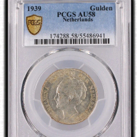 Koin Silver 1 Gulden wilhelmina tahun 1939 Netherlands PCGS AU58 – Koin Perak Era World War II
