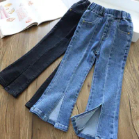 Blue Kids Girls Flare Jeans Fashion Denim High Waist Elastic