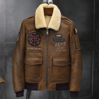 2019 Mens Brown Shearling Jacket Leather Jacket Fur Coat Mens Airforce Flight Coat Embroidered Jacket