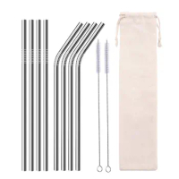 6*215mm Silver 304 Stainless Steel Metal Straws Straight Bent Drinking Straw With Brushes Smoothies Cocktails Bar Accessories