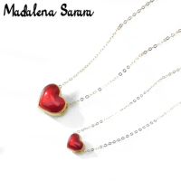 MADALENA SARARA Au999 Pure Gold Heart Pendant 24k Pure Gold Chain Necklace Red Heart Character