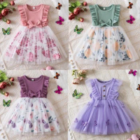 New Summer Mesh Flying Sleeve Dress Girls 2024 Fashion Dresses Cute Little Girls Summer Casual Wear 1-5Yrs Children's Clothes