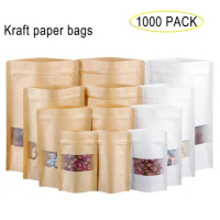 1000pcs/Lot White &amp; Brown Kraft Paper Bags with Frosted Window Resealable Ziplock Stand Up Pouches Food Packaging Bag for Beans