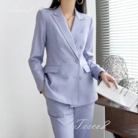 Tesco Purple Women's Suit Long Sleeve Jacket+Pants Casual Business Outfits Female Pant Sets Fashion Office Suit 2024