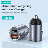 USAMS Mini Fast Car Charger PD 30W USB Type C Dual Port Fast Charging Invisible Phone Charger for iPhone Xiaomi Samsung Tablet