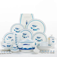 48piece set, bone china fish deisgn dinnerware set, porcelain kitchen chafing dish buffet, ceramic dinner plate tableware, serve