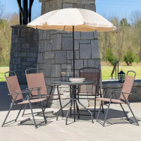 6-Piece Patio Dining Set with Glass Table, 4 Folding Chairs, and Umbrella, Outdoor Patio Table, Chairs, and Umbrella Set