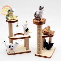 Dollhouse Mini Wooden Pet Cat Tree Tower Toys Cat Climbing Rack Doll House Mini Furniture Decor Accessories Photography Props