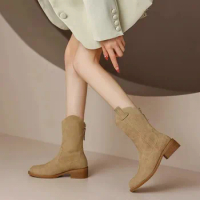 Women Boots Pointed Toe Suede Chelsea Boots Autumn Winter 2023 New Wedge Heel Western Cowboy Boots Slip-On Ankle Boots Wholesale