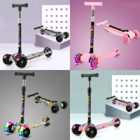 Foldable Children Scooter with Flash Wheels Adjustable Height Kids Scooter Widened Pedals Lightweight 3 Wheel Scooter