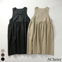 【ACheter】V領棉麻背心連身裙甜美碎褶A字長裙森系寬鬆純色洋裝#116555(3色)