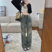 Seluar Jeans Bersaiz Besar Koyak untuk Wanita, Ketibaan Baru Musim Luruh, Kaki Lebar, Gaya Jalan Tin