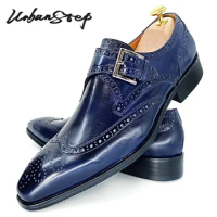 Luxury Casual Men Monk Strap Shoes Blue Black WingTip polishing Loafers Men Dress Shoes Wedding Office Leather Shoes Men