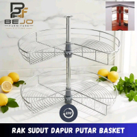 Rak Sudut Dapur Putar 270° + Tiang Adjustable / Swivel Basket Kitchen Organizer Serbaguna