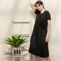 【Qiruo 奇若名品】黑色個性洋裝2種不同布料的拼接(舒適棉短袖休閒洋裝 可正式可休閒2110F)