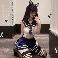 角色扮演 Cosplay 學生水手服 獨立水手領深U開襠衣百褶短裙四件式套裝 E531777