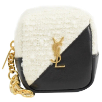 【YSL】金屬LOGO毛絨皮革紋拼接鑰匙圈吊飾方包零錢包(黑白)