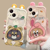 Suitable for Apple 13 new iPhone 13 promax cream patterned cat and mouse soft silicone drop resistant couple protective case