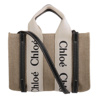 CHLOE WOODY 系列字母LOGO 帆布手提/斜背兩用包(墨藍槓x米)mini款