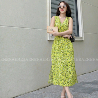 Váy thiết kế Nomi Dress Xanh Vàng Nhí 2 lớp cao cấp, xẻ tà xếp ly tôn dáng, thấm hút mồ hôi, lên for