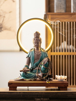 新中式禪意水月自在觀音陶瓷佛像擺件玄關擺設燈圈家居工藝裝飾品