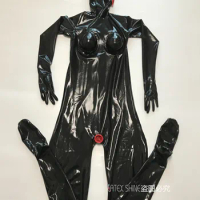 Sexy Black Latex Full Body Catsuit Gloves Socks Silicone Breast Pocket with Mouth Anus Condom