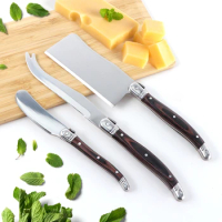 Jaswehome Stainless Steel 3pcs Cheese Spreader Spear&amp;Cleaver Knife High-end Pakka Wood Handle Butter Spatula Cheese Knives Set