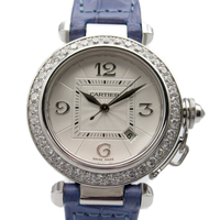 【二手名牌BRAND OFF】Cartier 卡地亞 白色 藍色鱷魚皮 18白K金 鑲邊鑽石 自動上鍊 腕錶 WJ111651