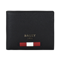 【BALLY】BALLY BEYVE經典灰字LOGO紅白紅橡膠條紋防刮牛皮6卡對折短夾(黑)