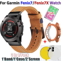 Leather Watch Band Strap For Garmin Fenix7/Fenix7X Smart Bracelet Screen Film Protectors Cover Case for garmin fenix 7x Wrist