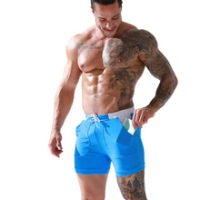 Men's Pocket Swimming Trunks With Inner Lining Tether Boxer European American Beach Shorts Solid Color Stitching Surfing Sports