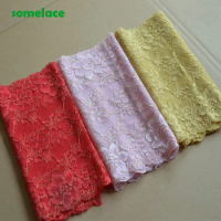 (2Yds/Lot)24Cm Wide Red~Pink~Yellow Gold Thread Calico Hair Decoration Elastic Stretch Lace Trim Wedding Dress Skirt Lace Trim