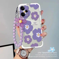 3D Flower Purple Rainbow Girl Case For OPPO Reno 7 8 10 Pro 8T 4G Love Heart Pink Bow Hang Chain Clear Tpu Phone Cover