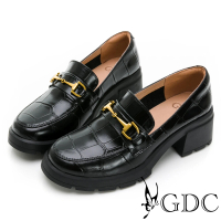 【GDC】英倫石紋簡約酷甜真皮圓頭粗跟樂福鞋-黑色(310440-01)
