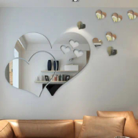 DIY Love Shaped 3D Acrylic Sticker Silver Heart Shape Mirror Surface Sticker Living Room Bedroom Wall Decor Sweet Wallpaper