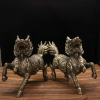 11”Tibetan Temple Collection Old Bronze Cinnabar fire Unicorn statue Kirin A pair Gather wealth Office Ornaments Town House