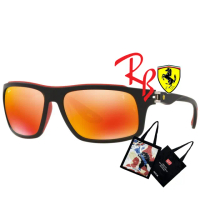 【RayBan 雷朋】限量法拉利聯名款 包覆設計太陽眼鏡 RB4364M F6026Q 霧黑框炫彩水銀鍍膜鏡片 公司貨