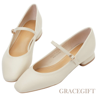 【Grace Gift】甜美尖頭低跟瑪莉珍鞋 杏