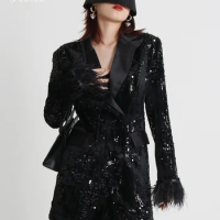 Tesco Black Sequins Women's Blazer Suit Sexy V-Neck Collar For Club Party Feather Spliced Mid-Length Women's Jacket Luxury Coat