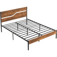 Platform Bed Frame Queen Size With Rustic Wood Headboard Bedroom Beds Strong Metal Slats Support No Box Spring Needed Furniture