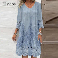 Spring Fashion V-Neck Button Loose Midi Dress Lady Casual 3/4 Sleeve Solid Commuter Dress Summer Sexy Lace Splicing Party Dress