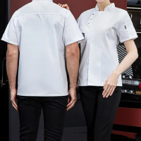 Casual Men\'s Women Chef Uniform T-shirts Short Sleeve Pockets Buttons Soft Bakery Restaurant Work Clothes Kitchen Tops T Shirt