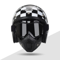 KEAZ Dot Approved Black White Plaid Open Face Motorcycle Helmet For Adults Cruise Vespa Mot Helmet With Retro Goggle Mask