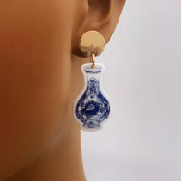 Vintage Chinese-style Acrylic Vase Earrings with Blue and White Porcelain Print